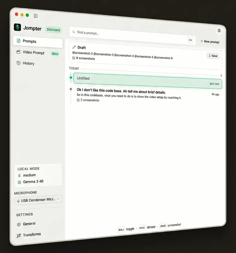 The Jompter prompt page on a Mac: a draft prompt with screenshots, and the prompt history