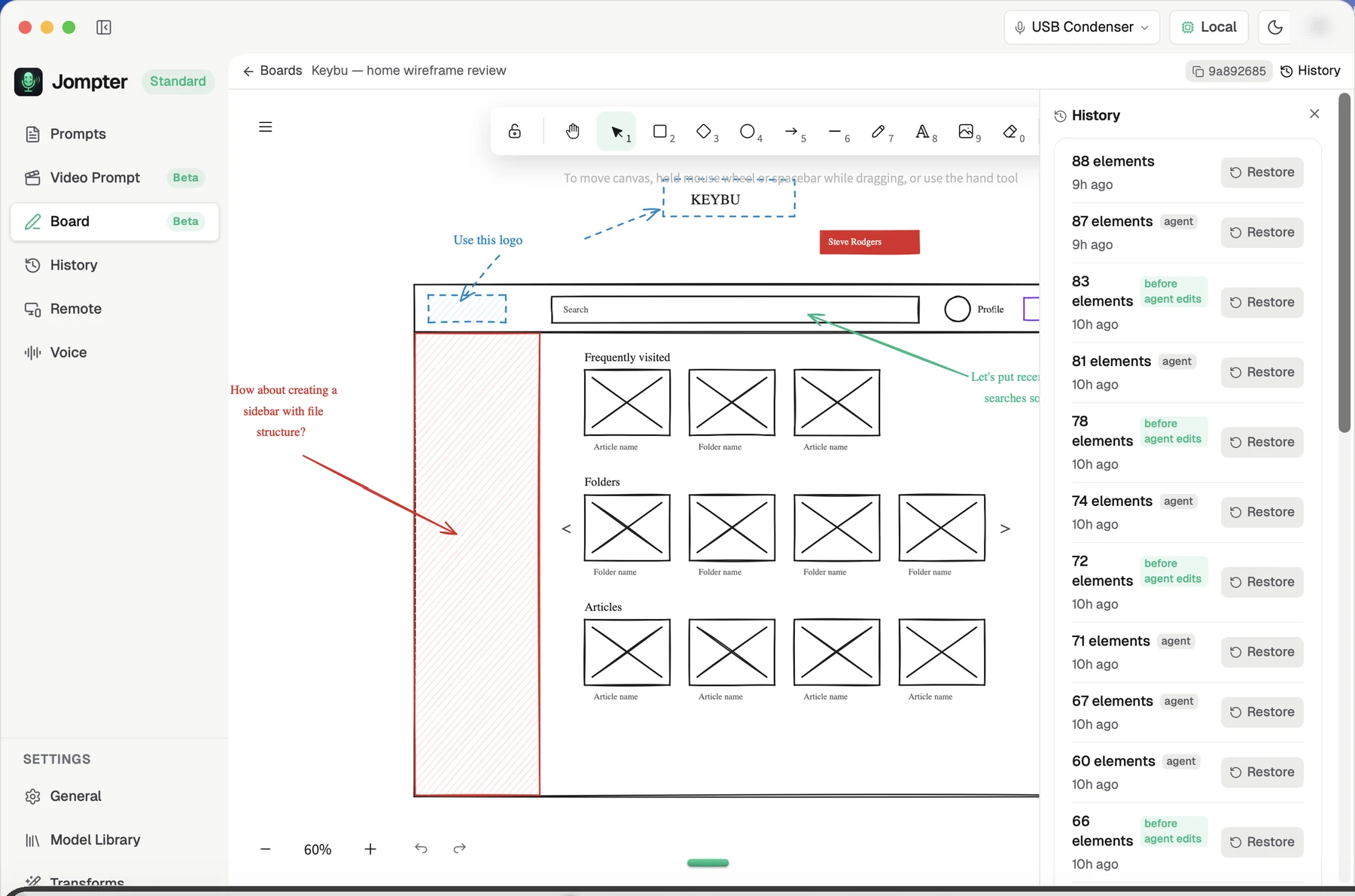 The board History panel with automatic checkpoints and saved states