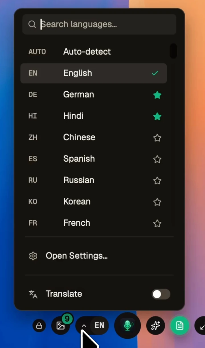 The language picker with a search box, Auto-detect, starred favourites and a Translate toggle