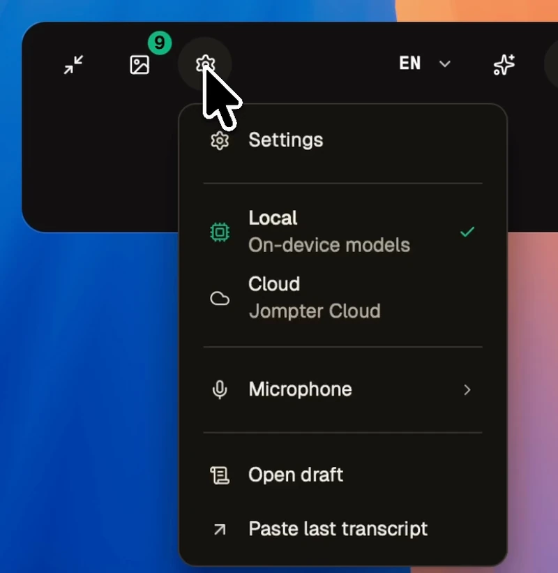 The dictation bar's menu, showing Local and Cloud with Local ticked