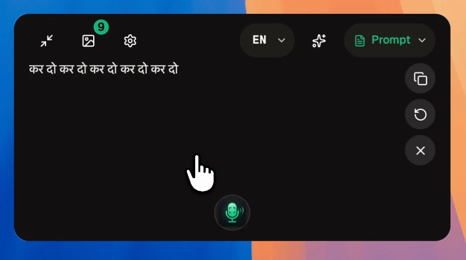 A finished transcript in the dictation card with copy, re-run and dismiss buttons