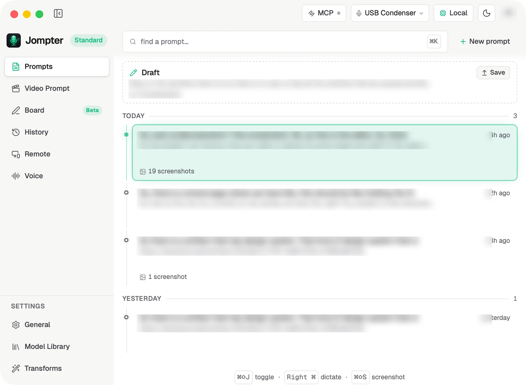 The Jompter main window with the sidebar and the Prompts page