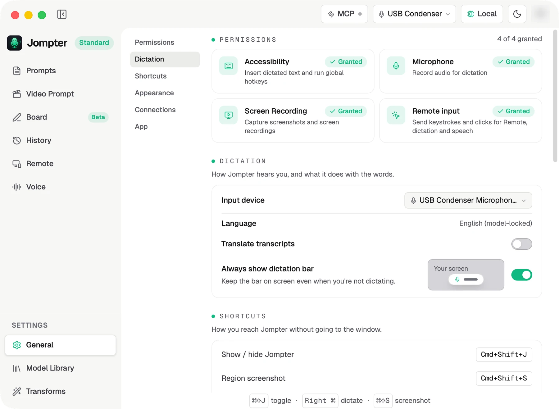 Jompter's General settings tab