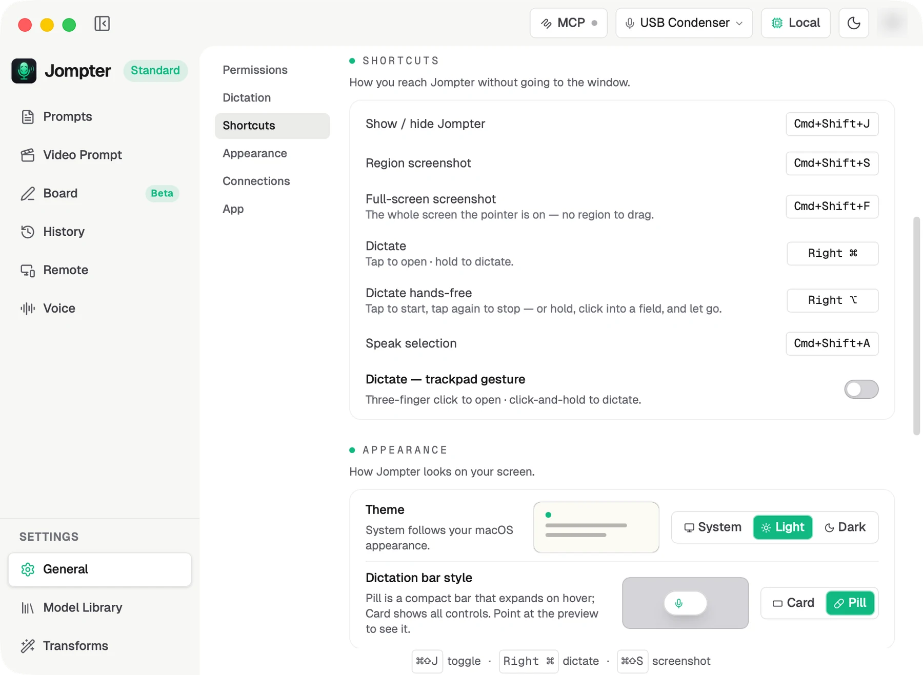 The Shortcuts group in Settings, listing all six keys and the trackpad gesture