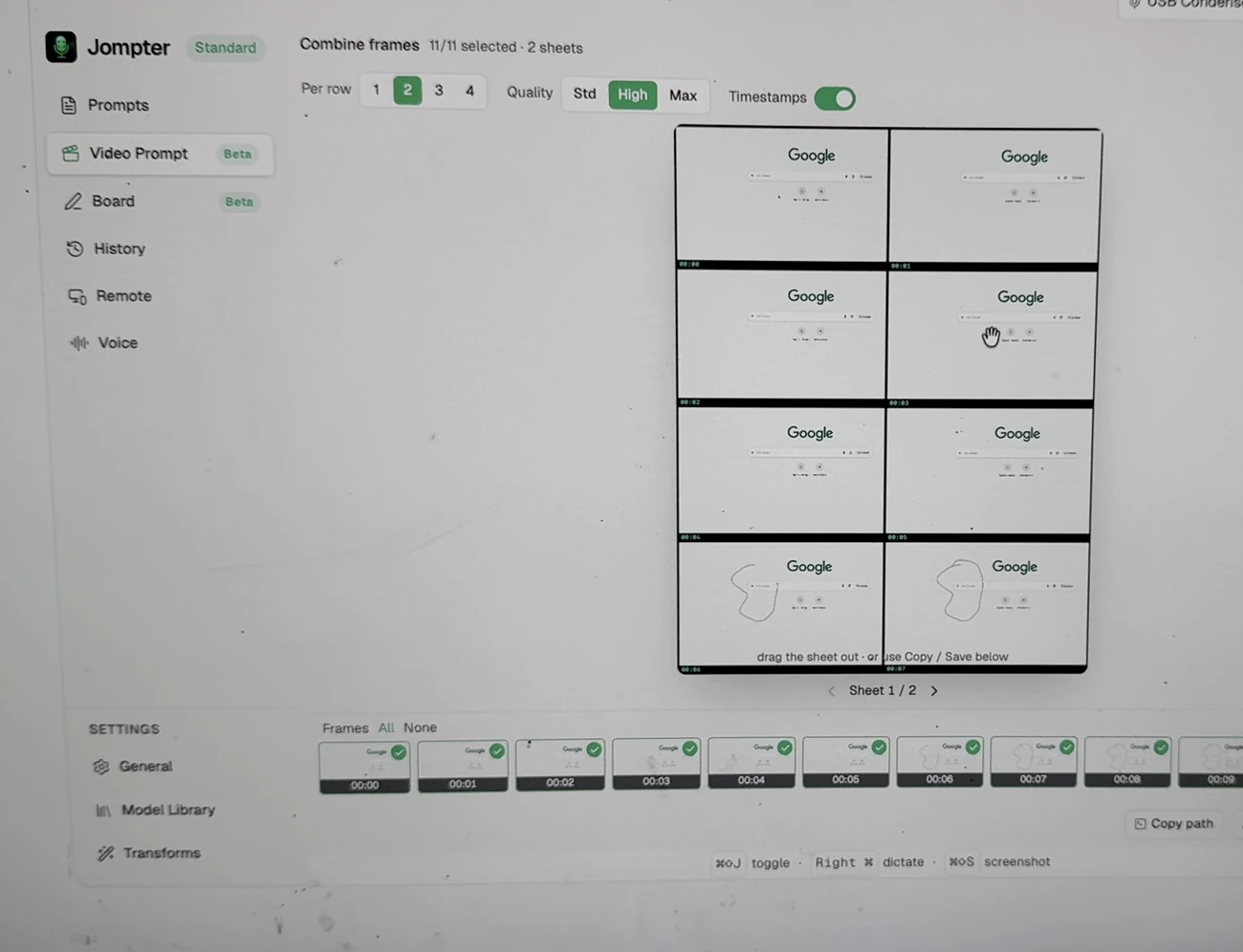 The Combine frames montage builder with per-row, quality and timestamp controls