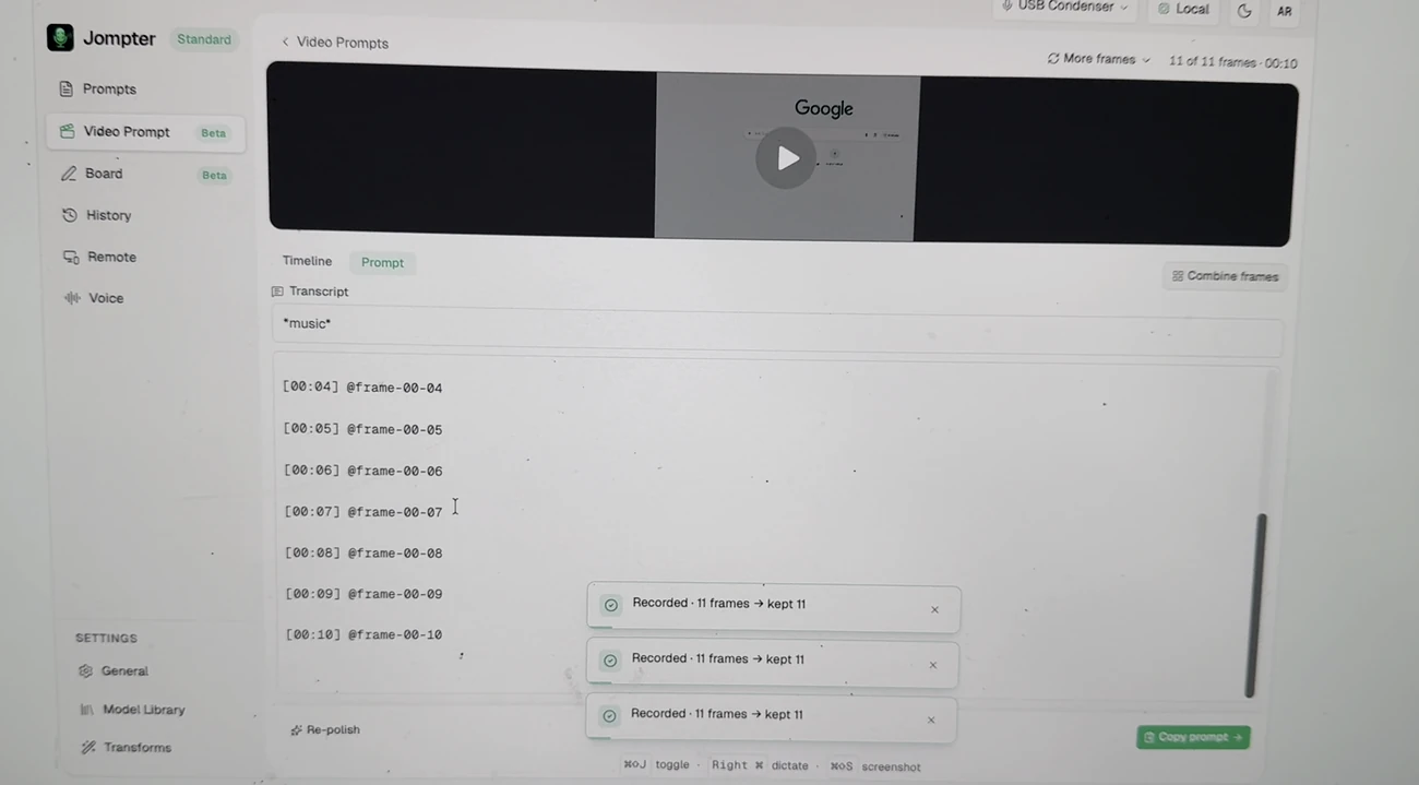 The Prompt tab of a video prompt, showing the transcript and timestamped frame references