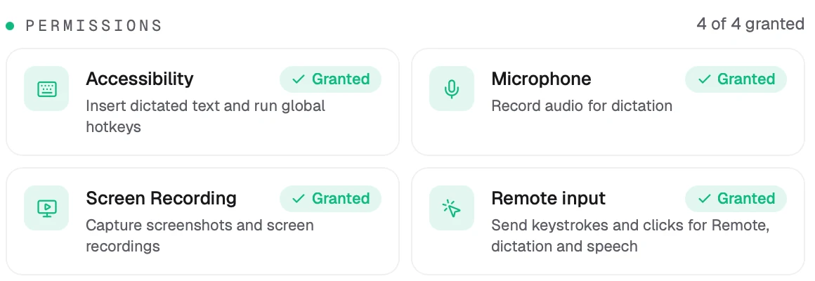 The Permissions section of Jompter's settings