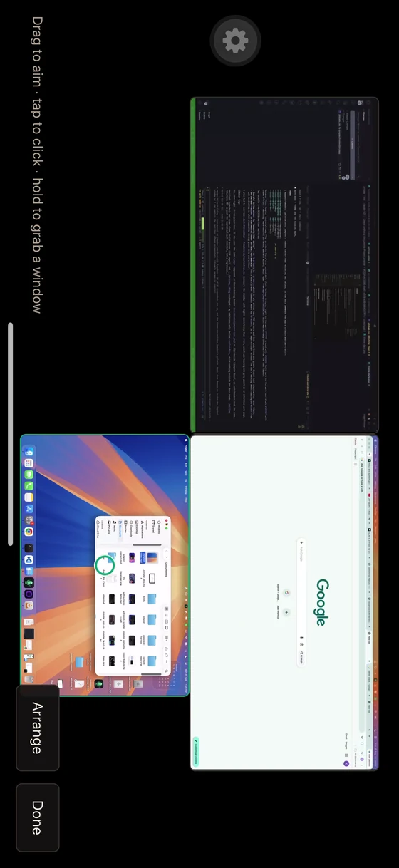 Arrange mode, with the Mac's windows laid out and Arrange and Done buttons down the side