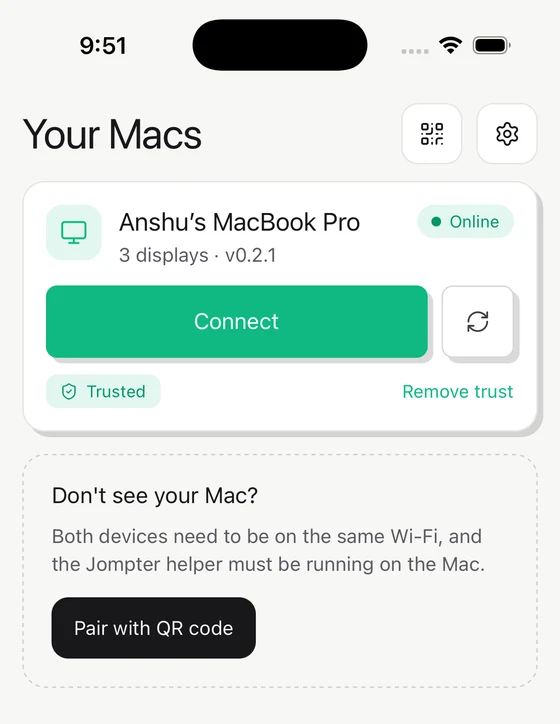 The Devices list in Jompter Remote