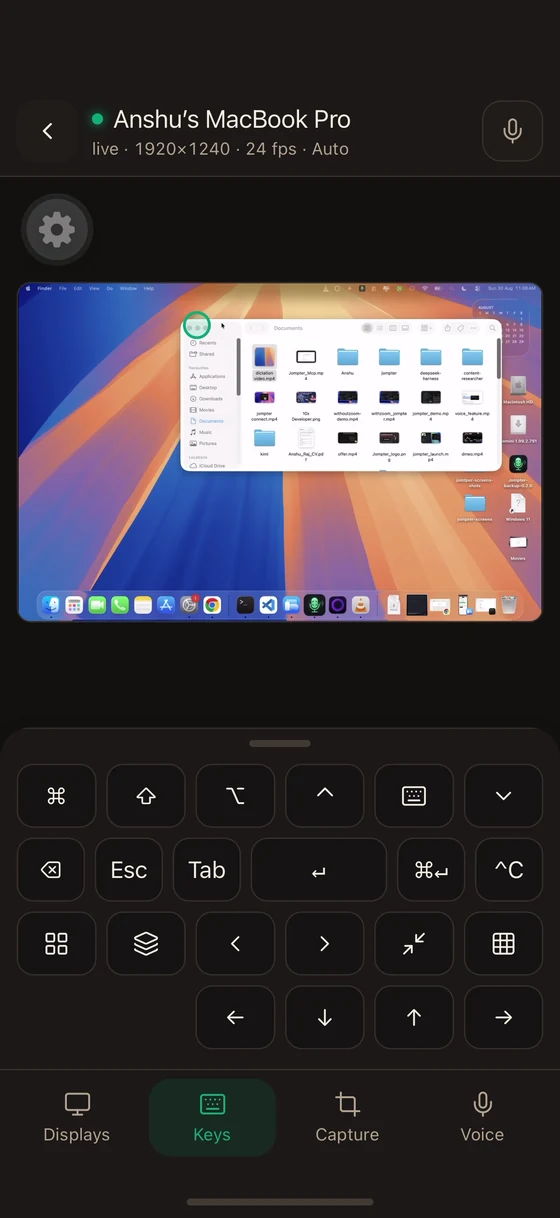 The Keys tab of the Jompter Remote dock