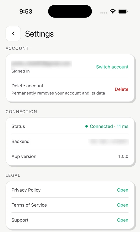 The Jompter Remote settings screen