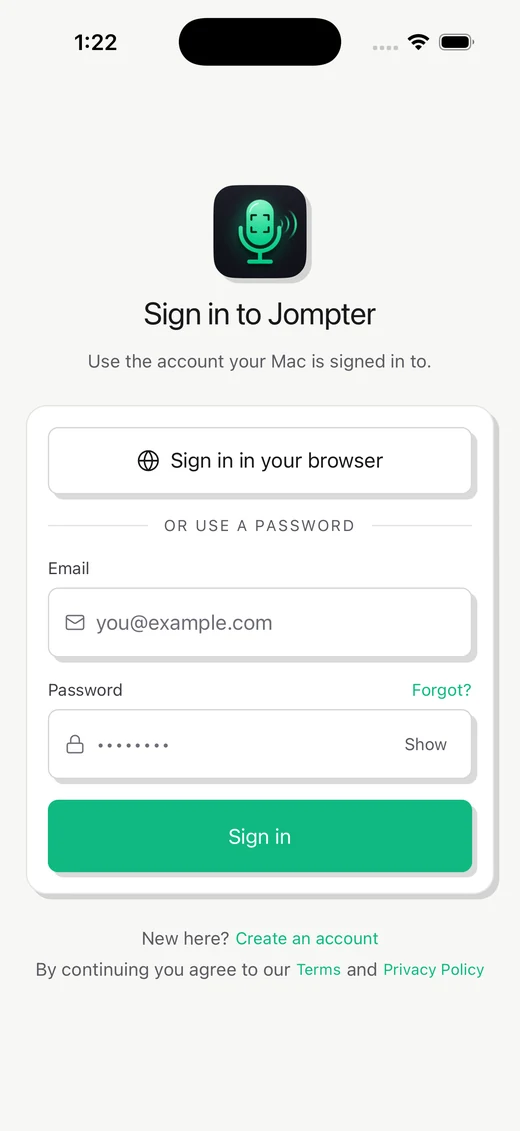The Jompter Remote sign-in screen