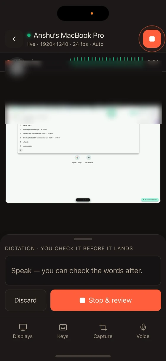 The Voice tab listening, with a live waveform and Discard and Stop and review buttons