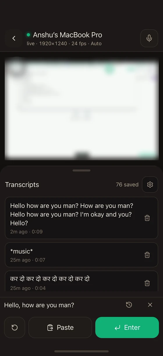 The Voice tab with a transcript in the review bar