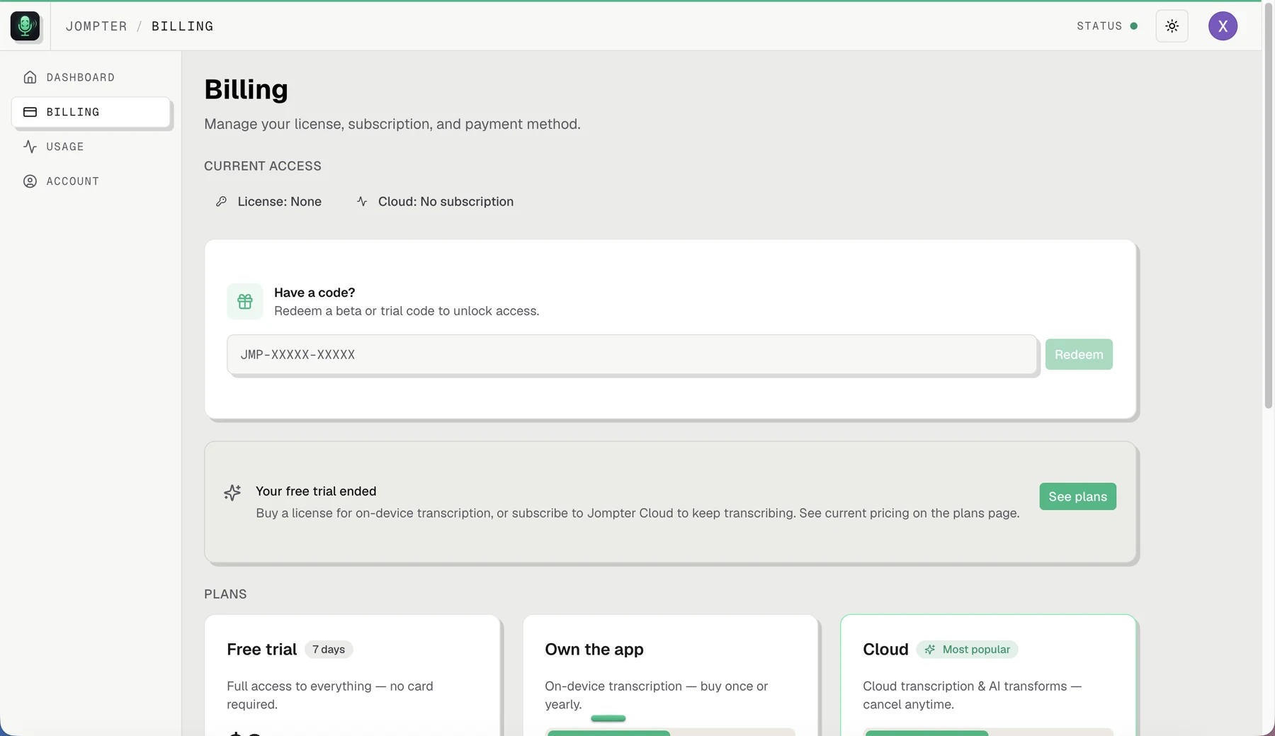 The Billing page with access badges and plans