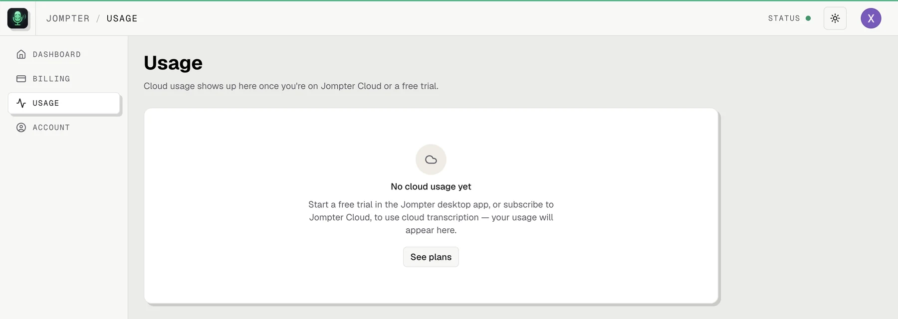 The Usage page with no cloud usage yet